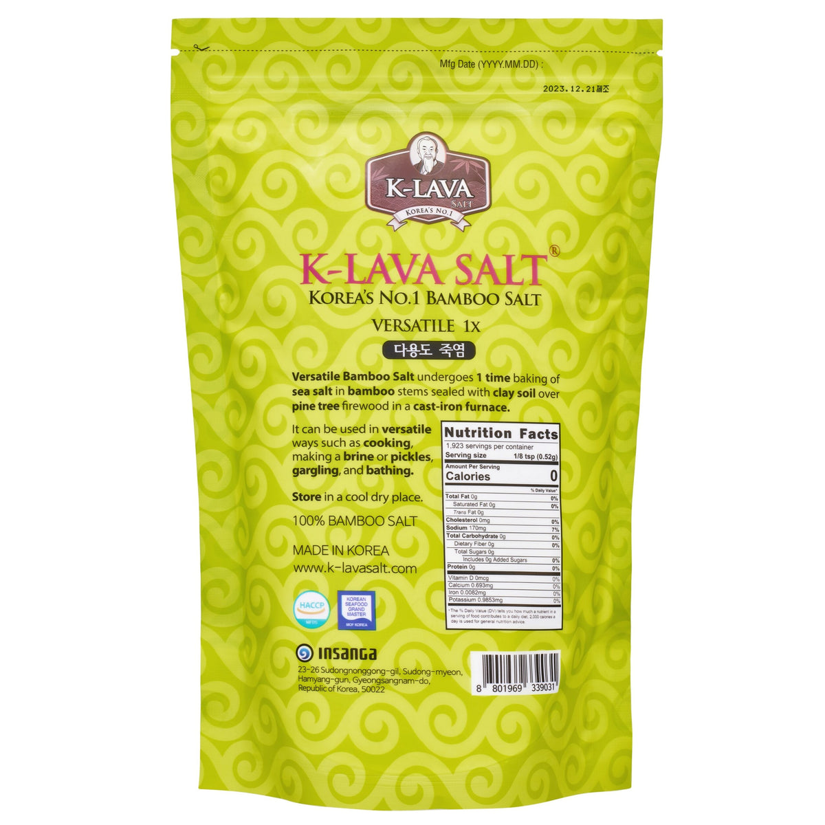 Korean bamboo salt K-LAVA Versatile 1x, 1 kg bag back label: 100% bamboo salt, Nutrition Facts, made in Korea by Insanga