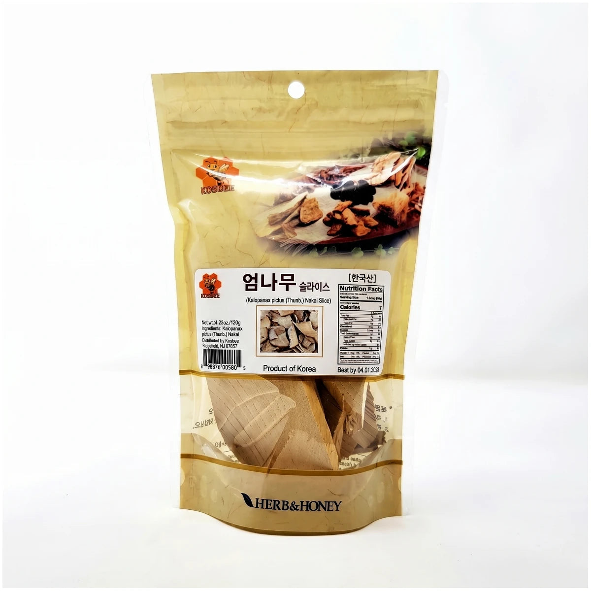 KOSBEE Korean Kalopanax Wood Slices, 4.23 oz pouch of premium dried herbal bark for traditional wellness and holistic health.