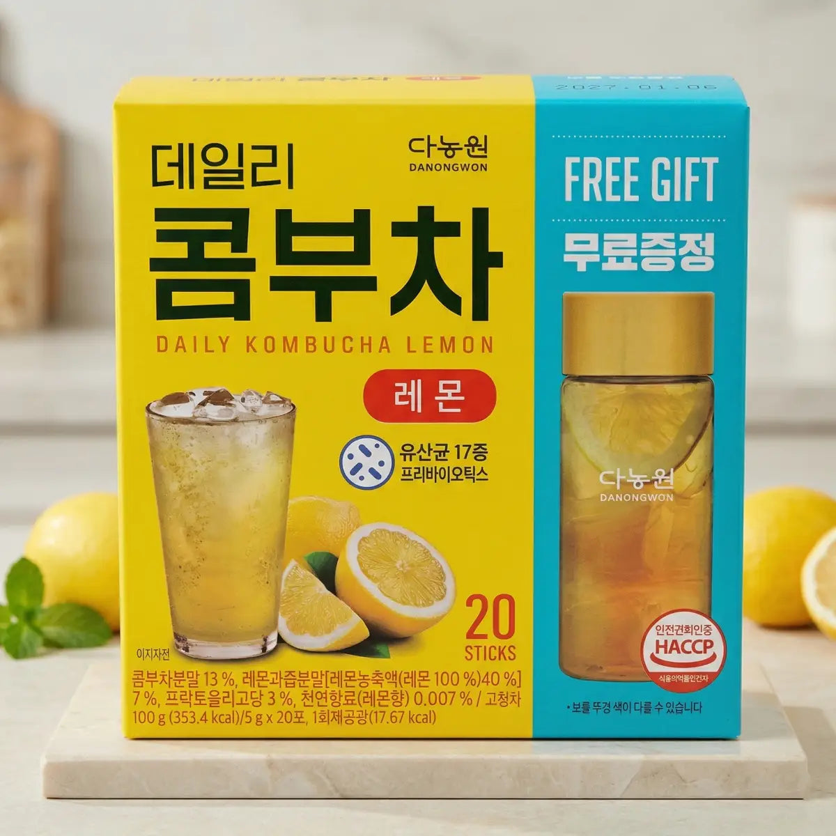 Danongwon Lemon Tea kombucha sticks set with 20 lemon-flavored tea sticks in a clear bottle, ready for brewing and drinking.