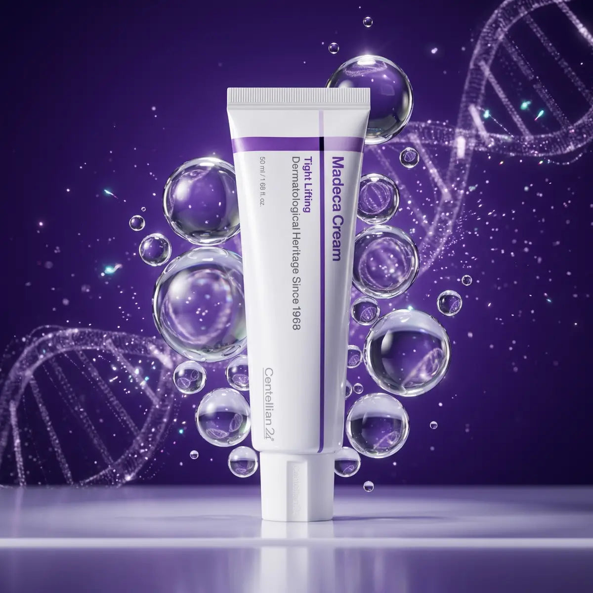 Centellian24 Madeca Tight Lifting tube surrounded by moisture droplets and a DNA helix graphic on a purple background