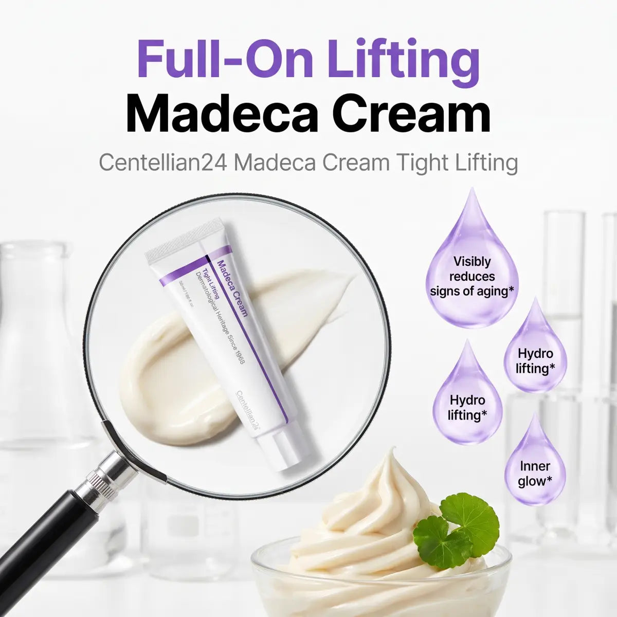 Magnifying glass over a Centellian24 Madeca Cream Tight Lifting tube with a cream swatch and Centella asiatica leaf