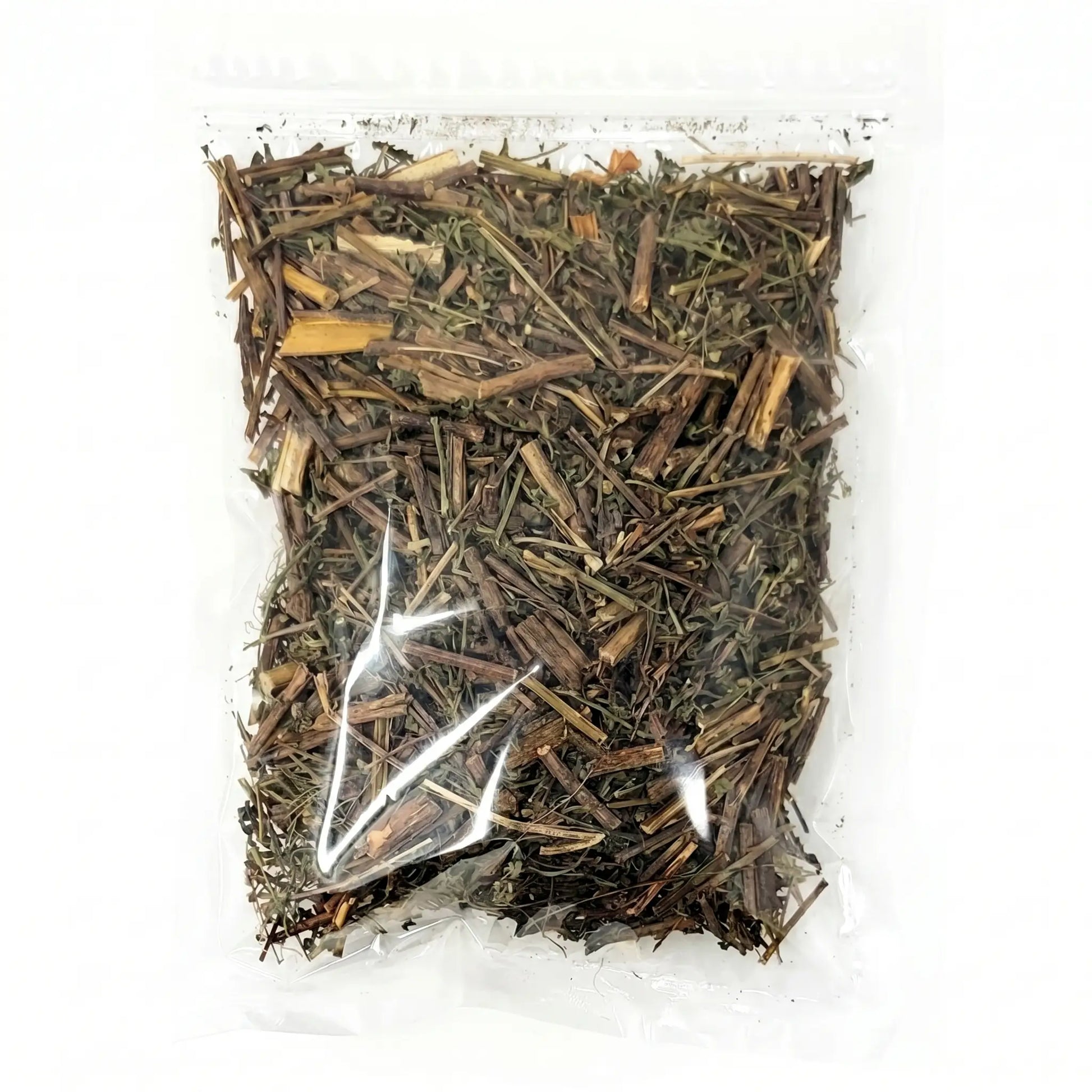 Korean injinssuk (capillary wormwood) brewed as a bold, caffeine-free herbal tea in a glass.