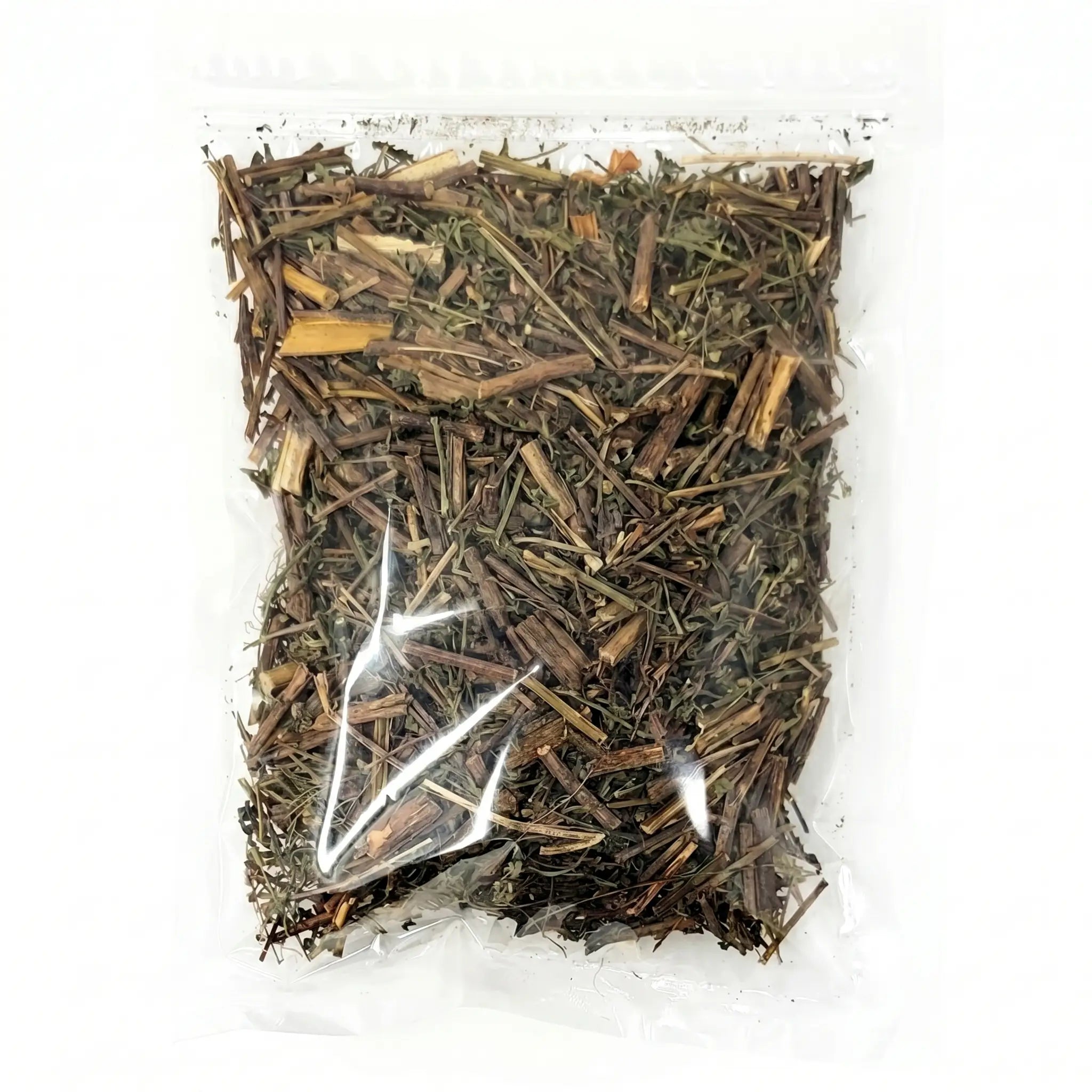 Korean injinssuk (capillary wormwood) brewed as a bold, caffeine-free herbal tea in a glass.
