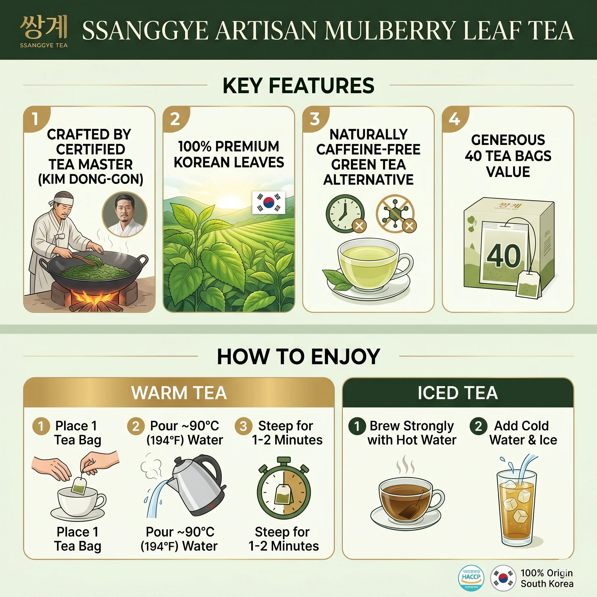 Nutritional facts and brewing instructions for Ssanggye Mulberry Leaf Herbal Tea