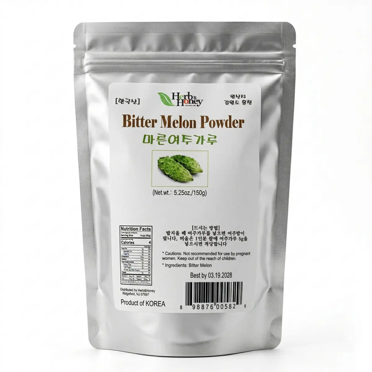 Front view of Herb & Honey 100% Pure Korean Bitter Melon Powder 5.25oz (150g) silver pouch packaging on a white background.