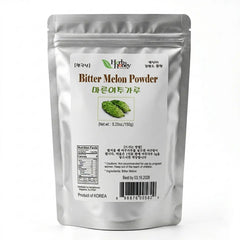Front view of Herb & Honey 100% Pure Korean Bitter Melon Powder 5.25oz (150g) silver pouch packaging on a white background.