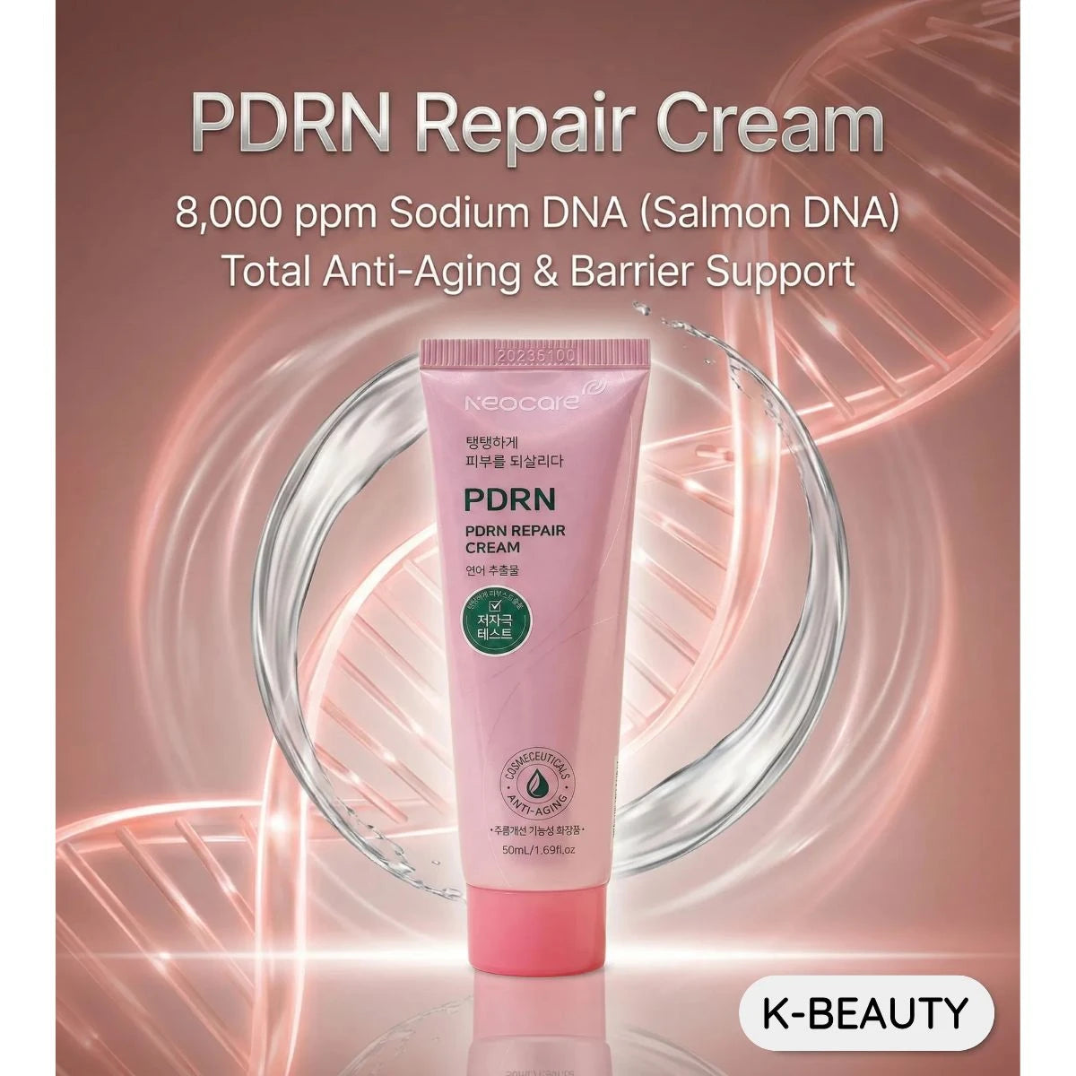 PDRN Repair Cream tube with DNA strands on a pink background