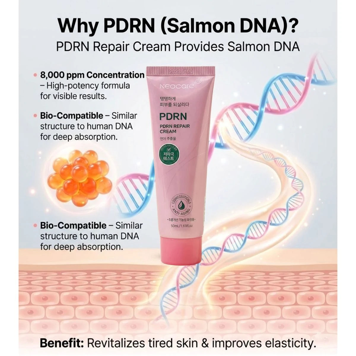 PDRN repair cream with salmon DNA benefits on a light gray background