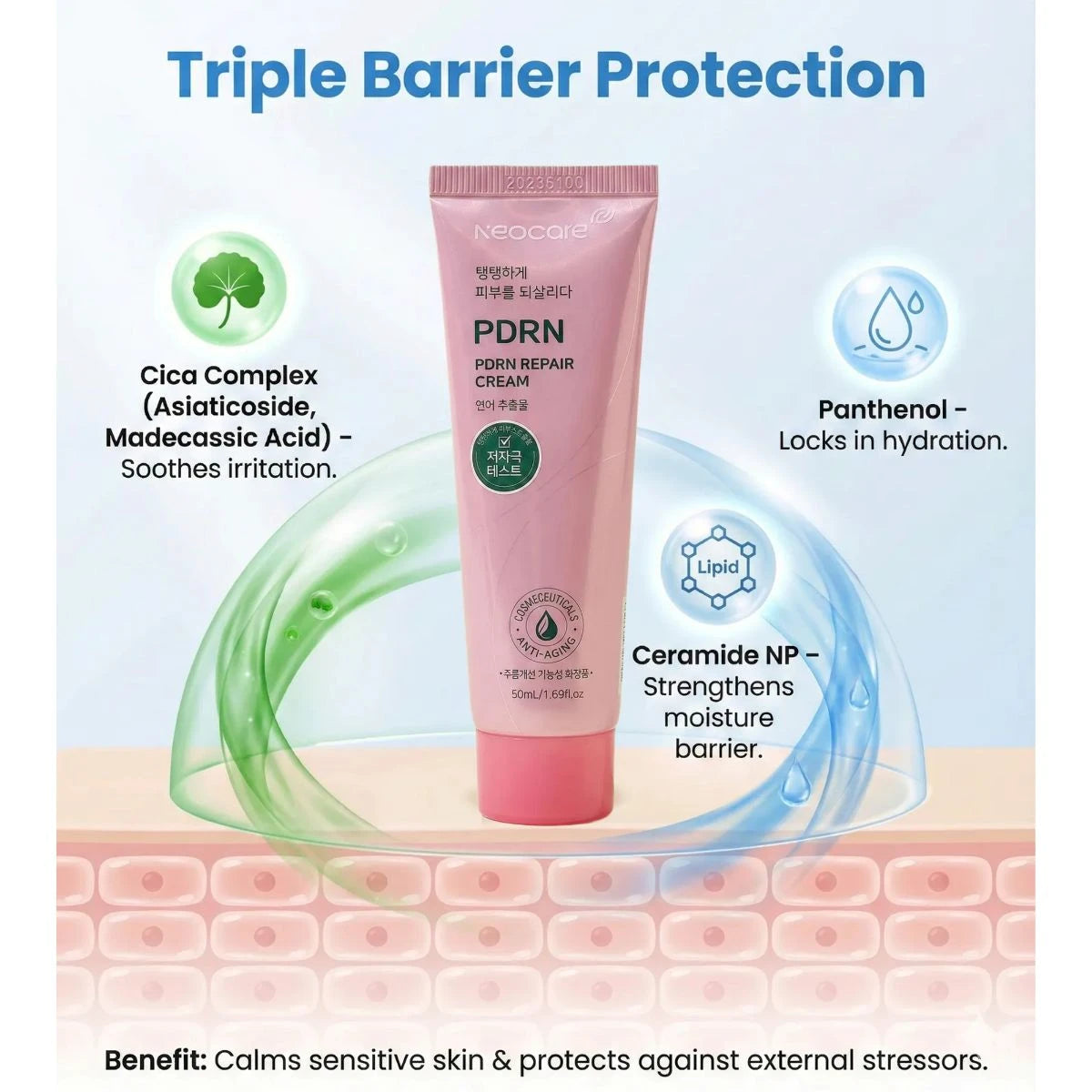 Neocell PDRN Repair Cream with triple barrier protection features on a light blue background