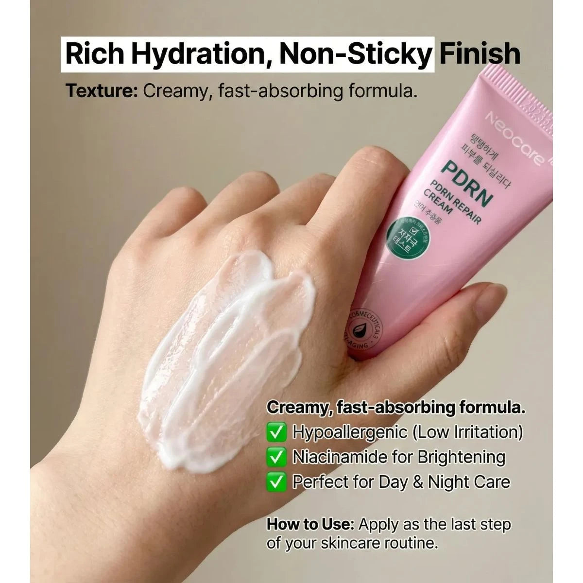 Hand holding pink skincare product with cream on palm, text about hydration and formula.