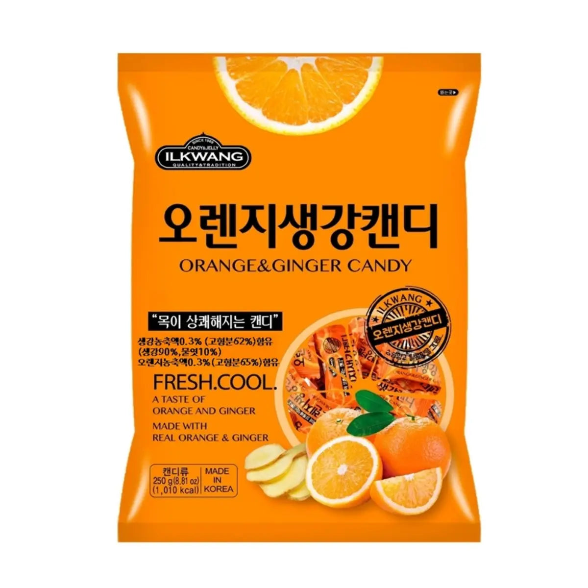 Kosbee Korean Orange Ginger Candy individually wrapped hard drops in an 8.81 oz bag, a Product of Korea