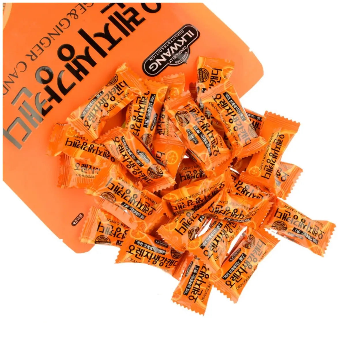 Close-up of orange-colored Korean orange ginger hard candy made with real orange and ginger extract