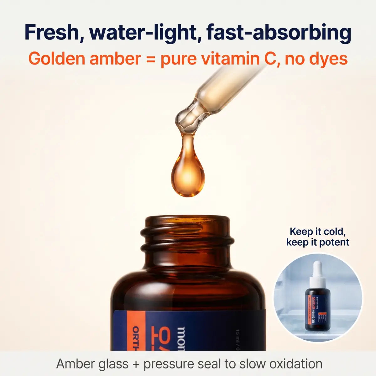 Orthotamin vitamin C ampoule — golden amber drop, refrigerate after opening