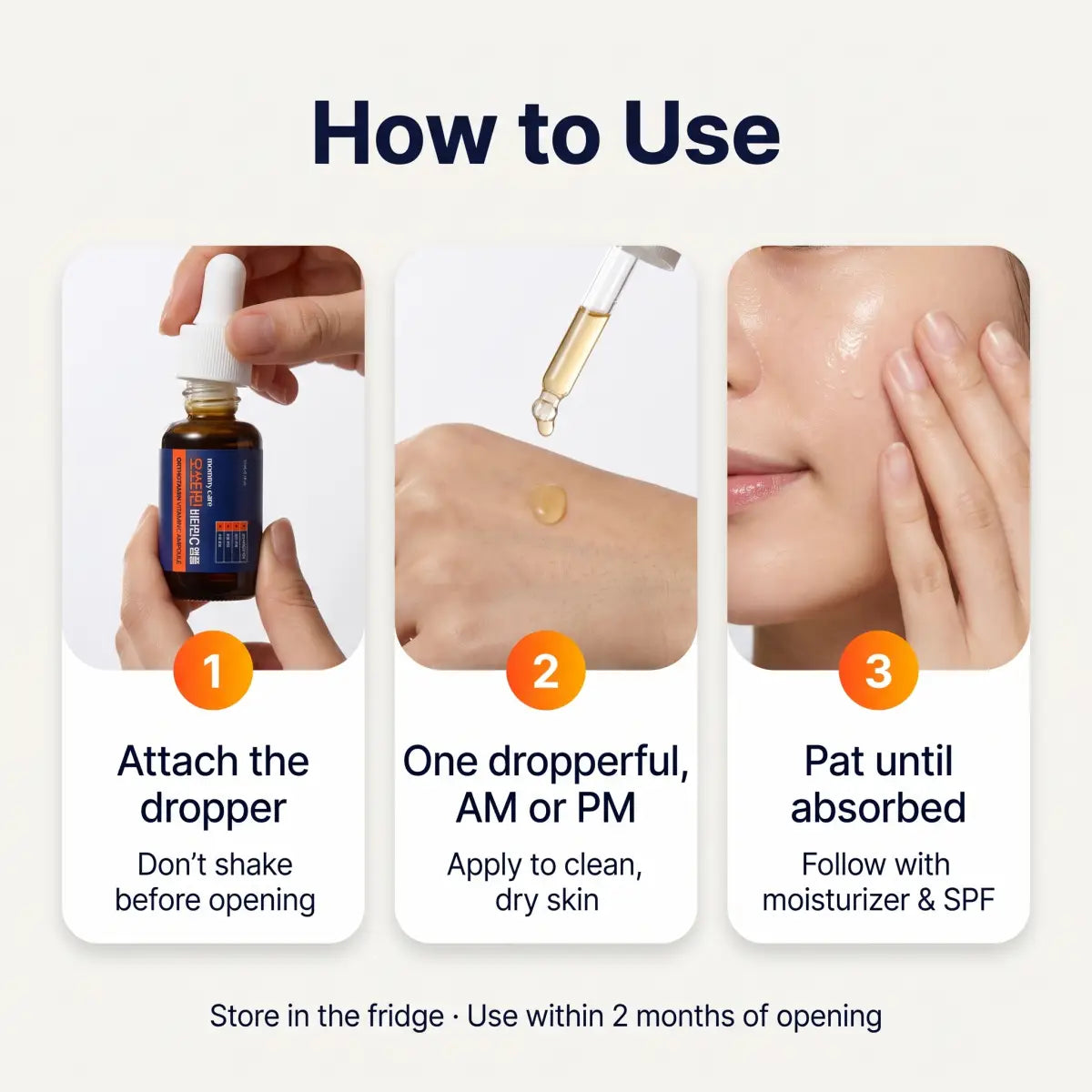 How to use Orthotamin vitamin C ampoule — attach the dropper, one dropperful, pat until absorbed