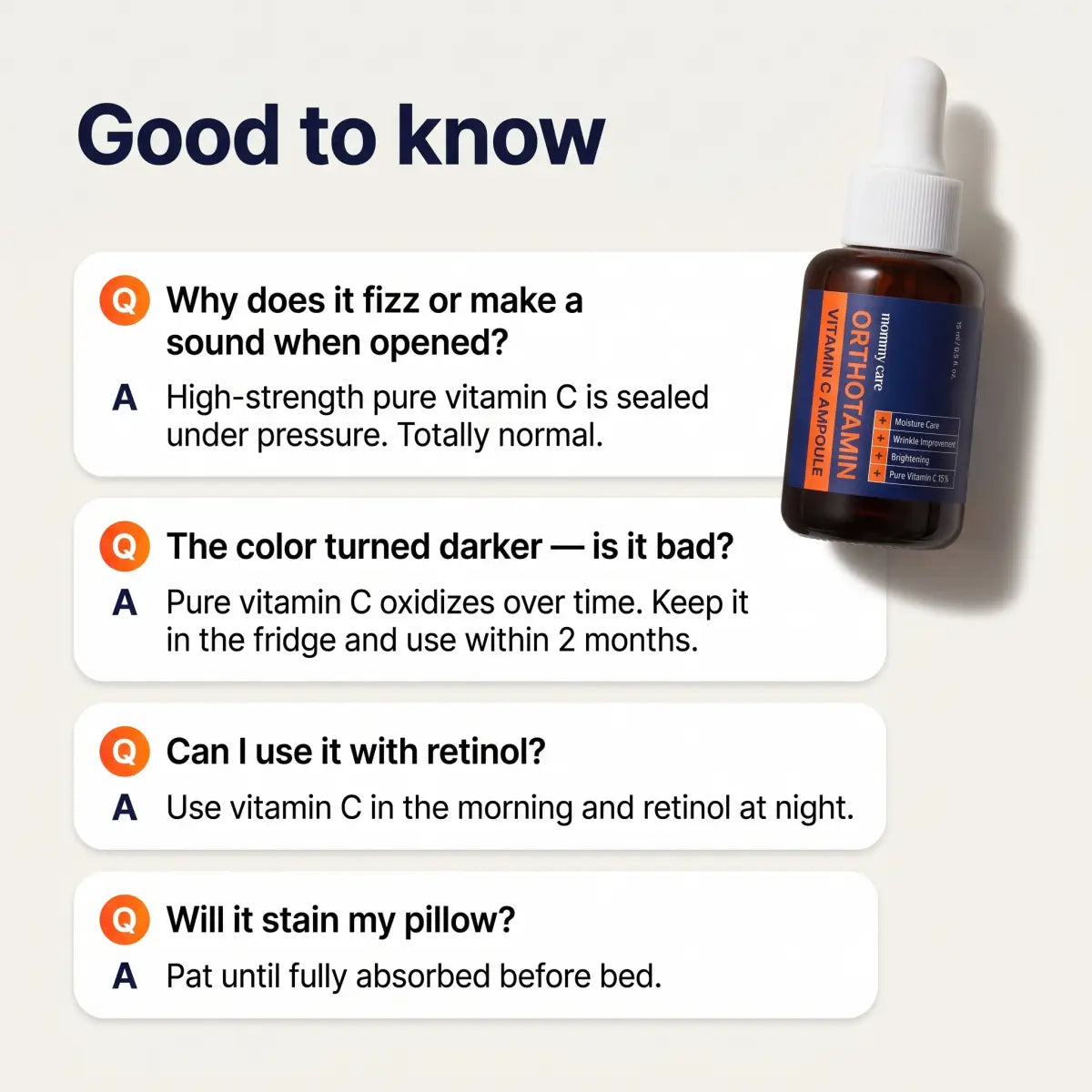 Orthotamin vitamin C ampoule FAQ — fizz on opening, color change, retinol, storage