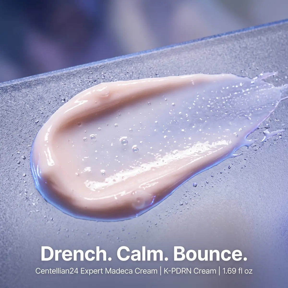 Centellian24 Madeca Cream texture showing hydrating drench calm and bounce skin finish
