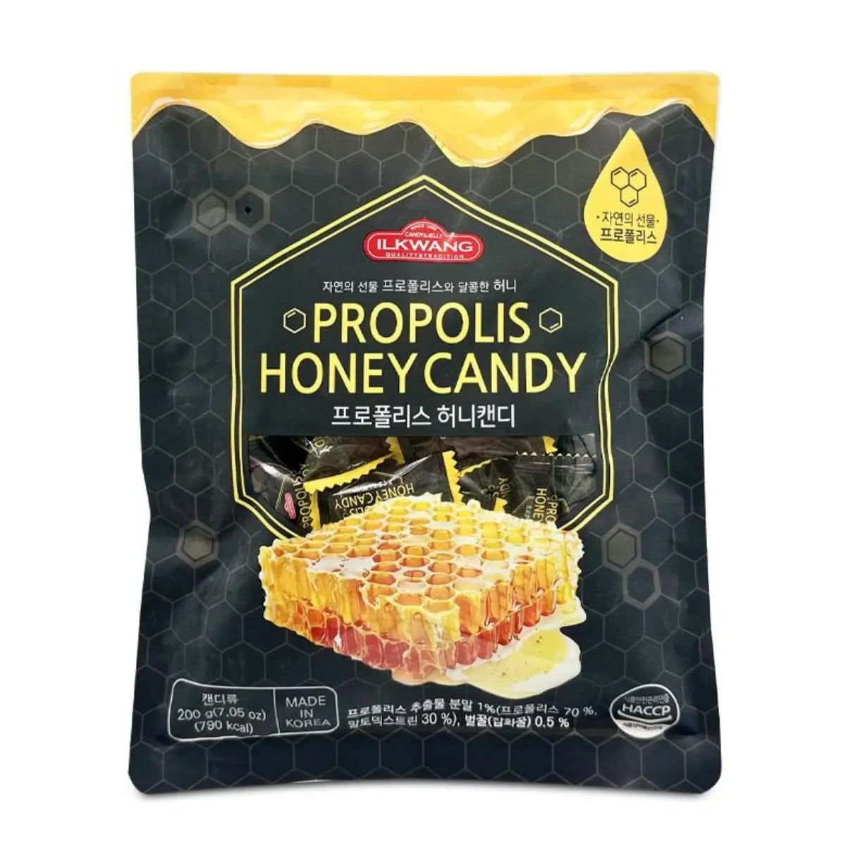 Ilkvang Propolis Honey Candy packaging with honeycomb illustration on a white background