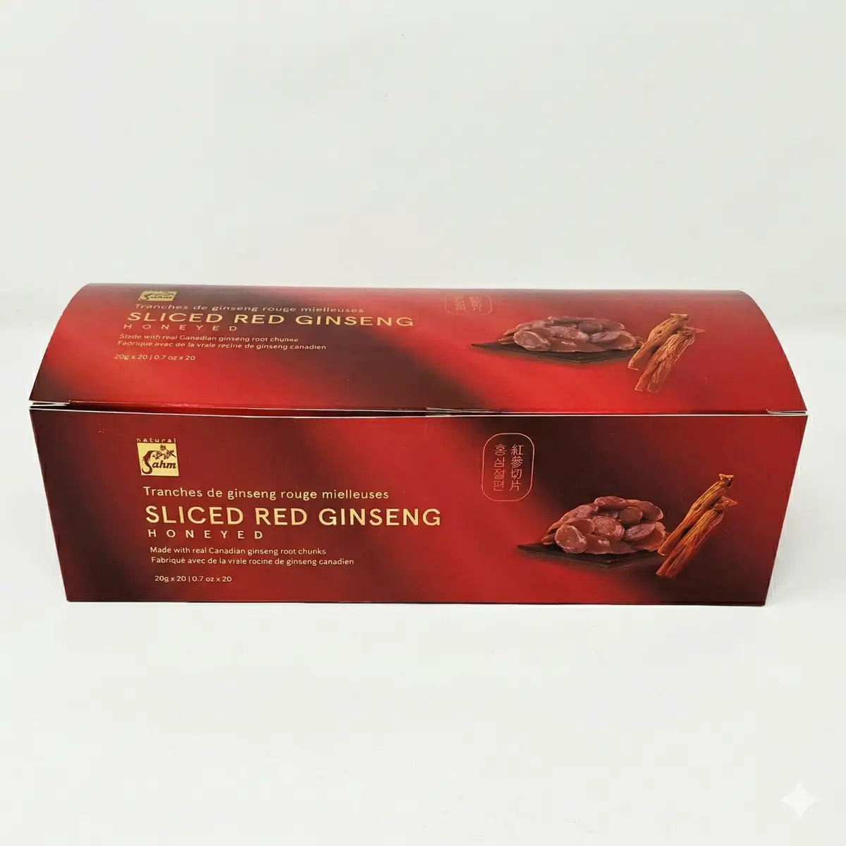 Sahm Canadian Sliced Red Ginseng Honeyed vitamins and supplements, 0.7 oz packs, showing sliced ginseng with honey coating.