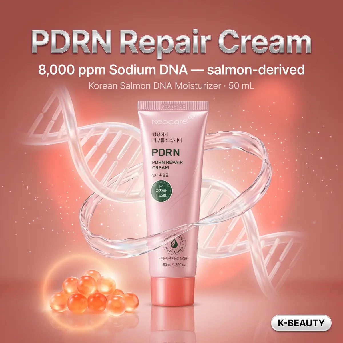 Korean PDRN Cream tube by Neocare shown in a K-beauty skincare layout — PDRN 크림, Product of Korea