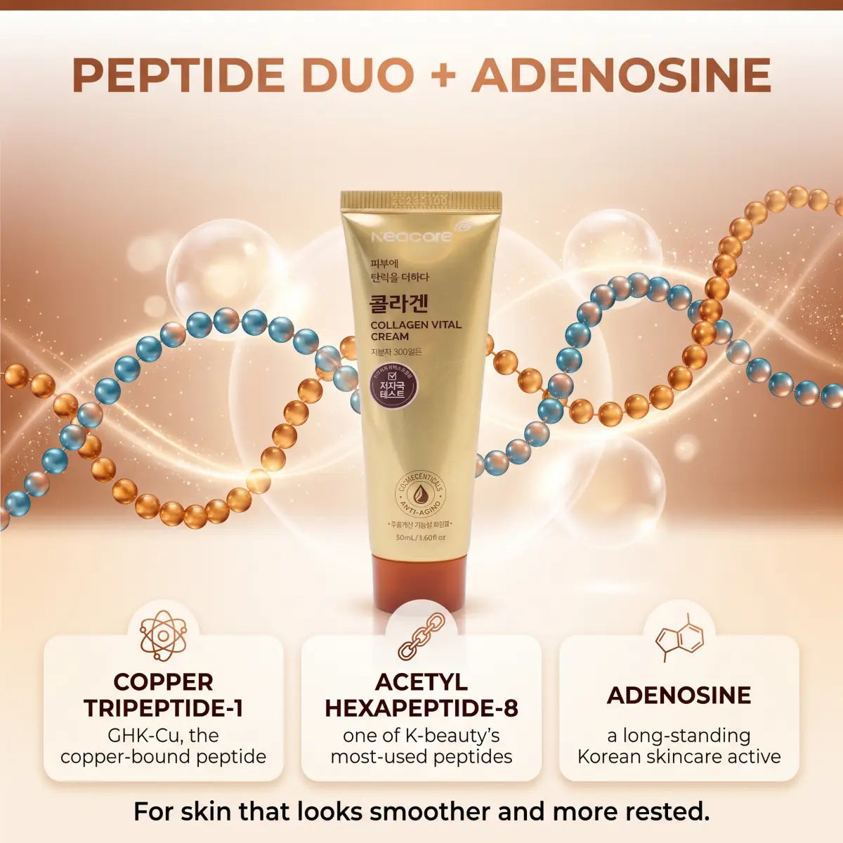 Korean Collagen Cream peptide infographic — Neocare, 1.69 fl oz, made in Korea