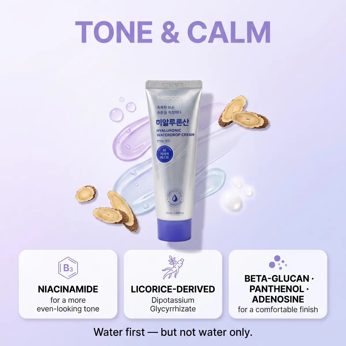 Ingredient infographic for Korean Hyaluronic Cream — niacinamide, ceramide NP, panthenol and squalane