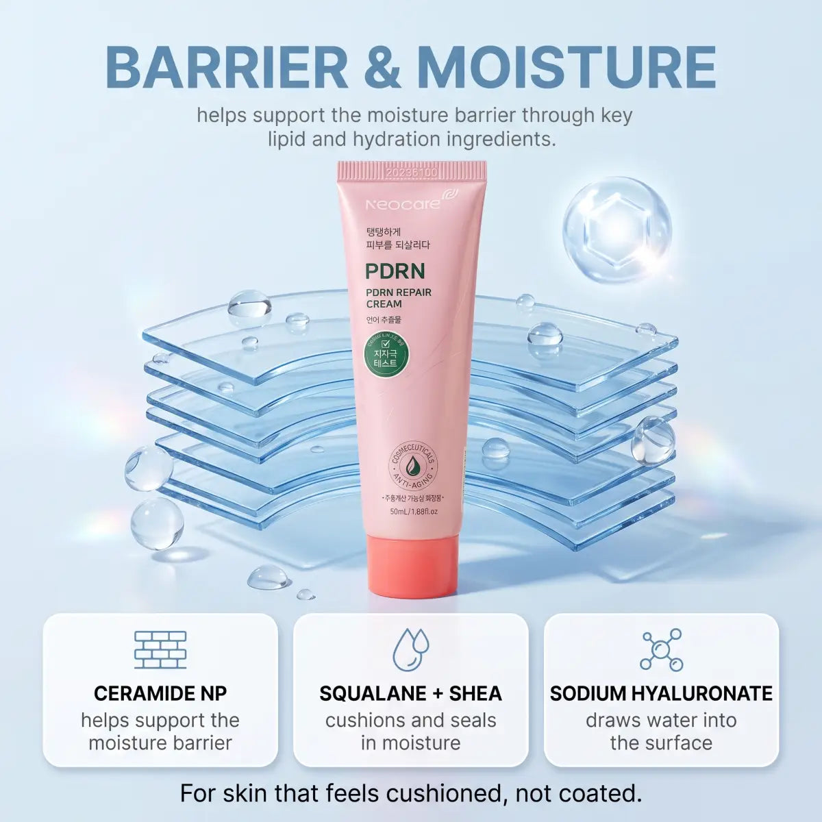 Korean PDRN Cream ingredient graphic — ceramide NP and sodium hyaluronate for a supple skin feel