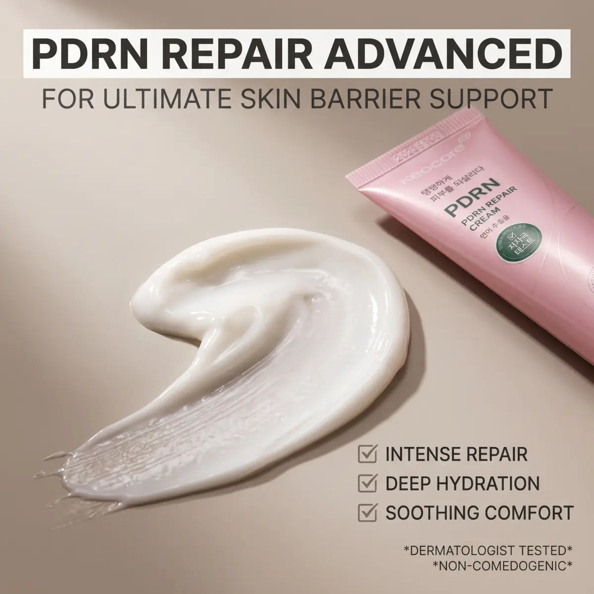 Close-up of the Korean PDRN Cream texture — a rich Korean face moisturizer that absorbs without a greasy film
