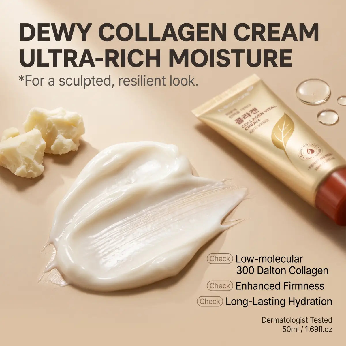 Korean Collagen Cream texture close-up — rich cream with shea butter, Neocare
