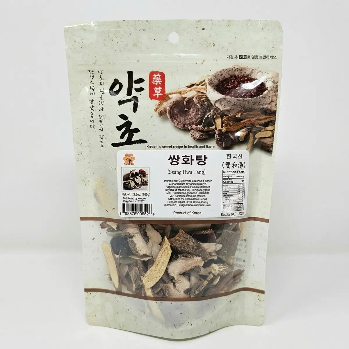 Kosbee Korean Ssanghwa Tang herbal mix in a 3.5 oz package, featuring traditional herbal herbs for health and wellness.