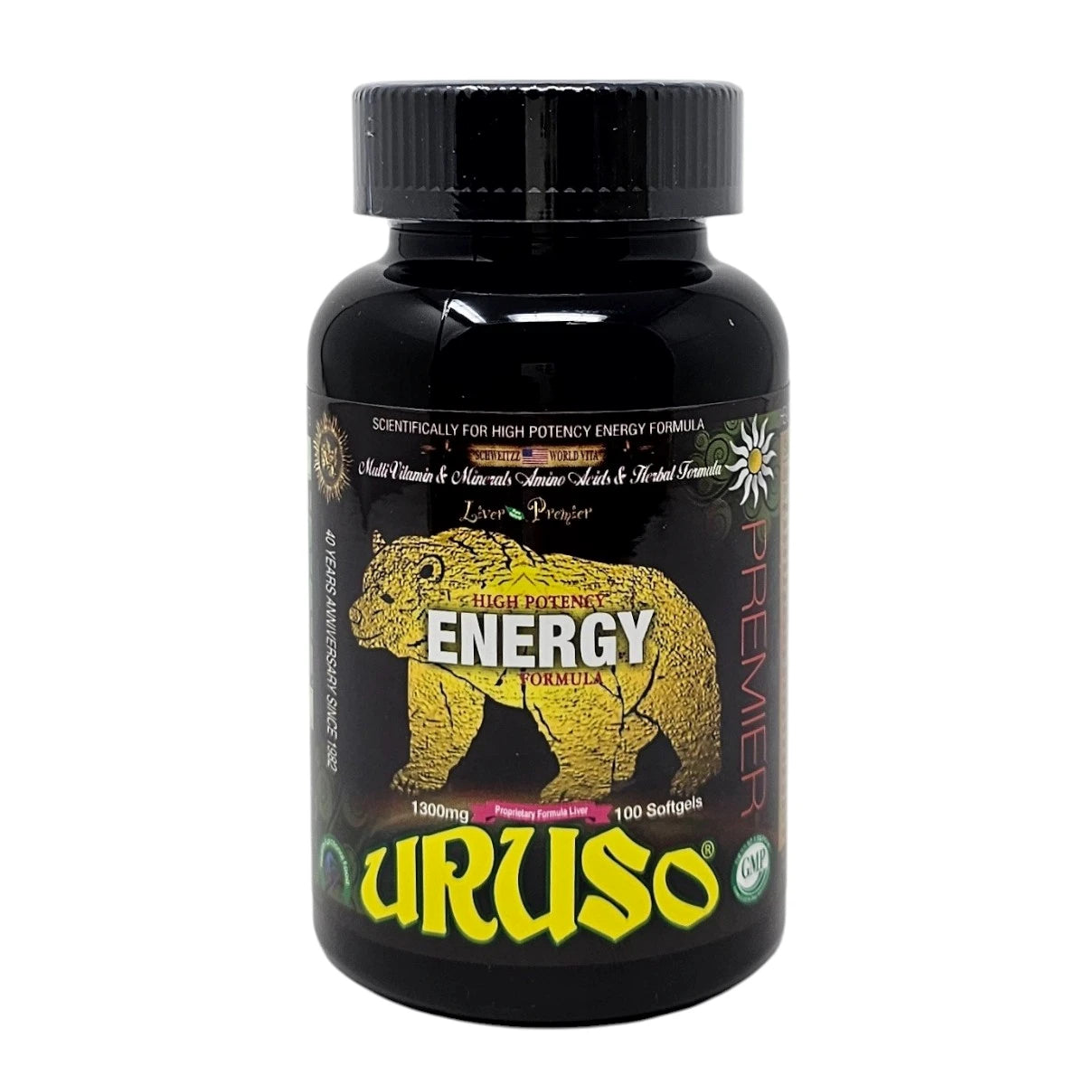 Black supplement bottle labeled 'Uruso' with a bear graphic on a white background