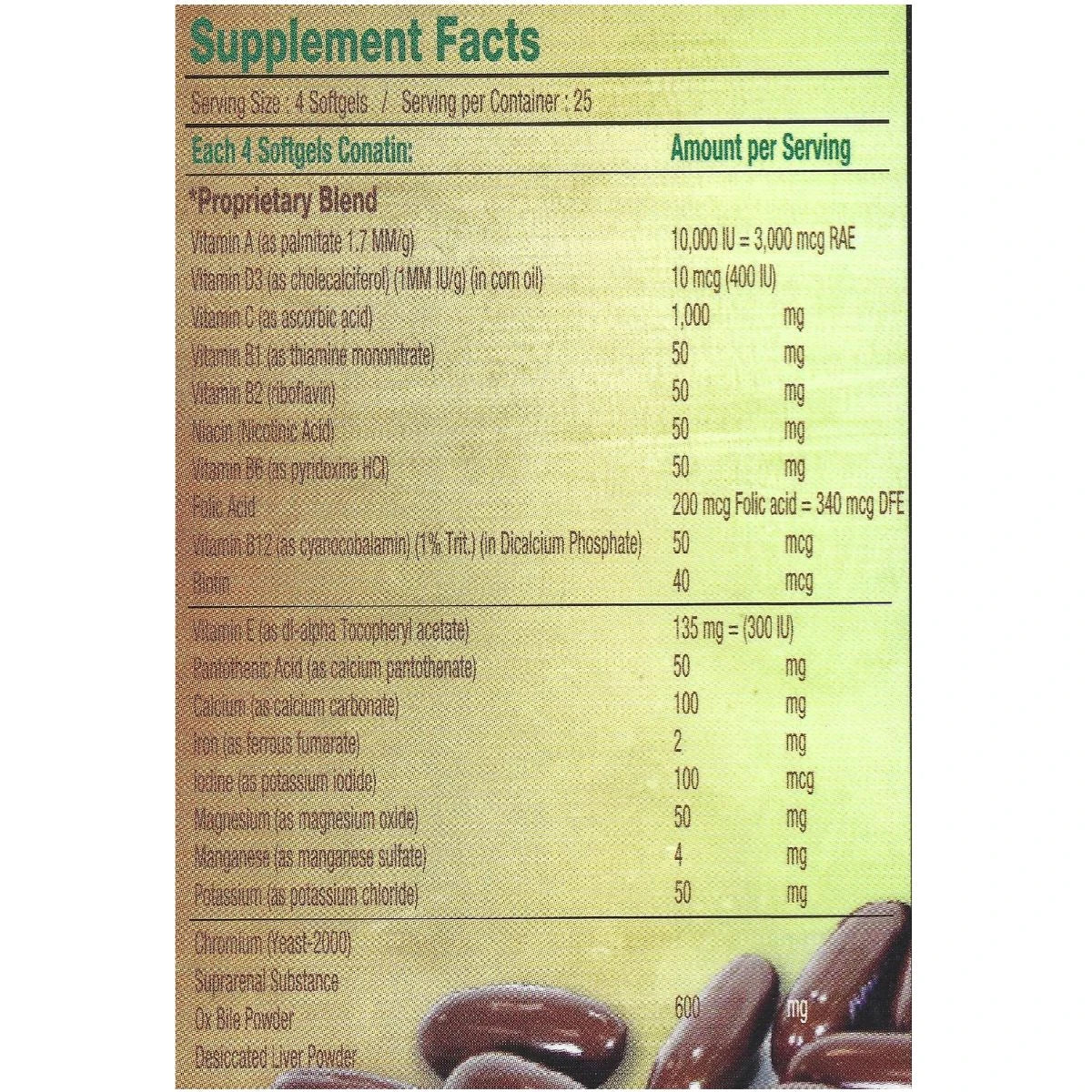 Supplement facts label with detailed nutritional information on a green background