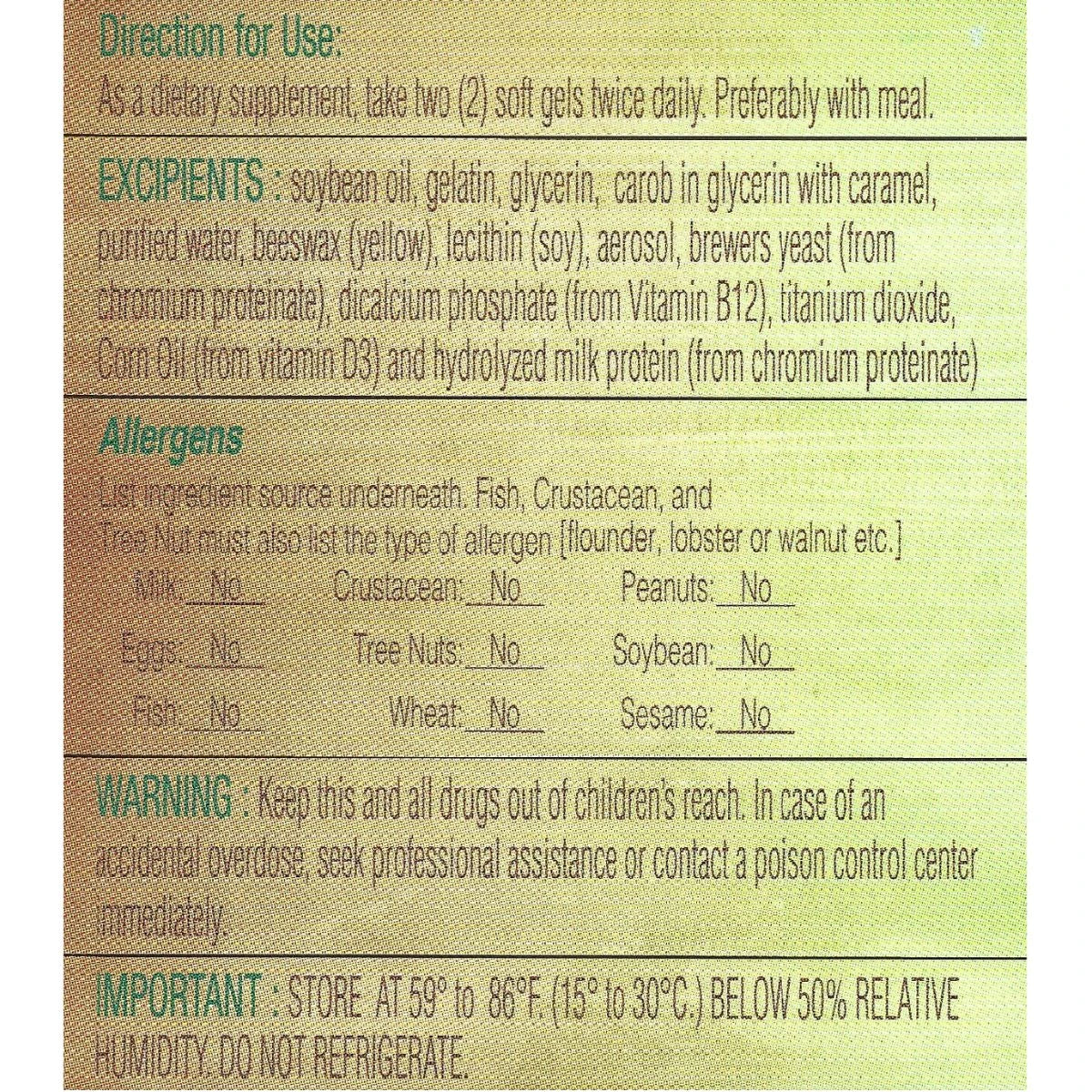 Supplement label with directions, excipients, allergens, and storage information.