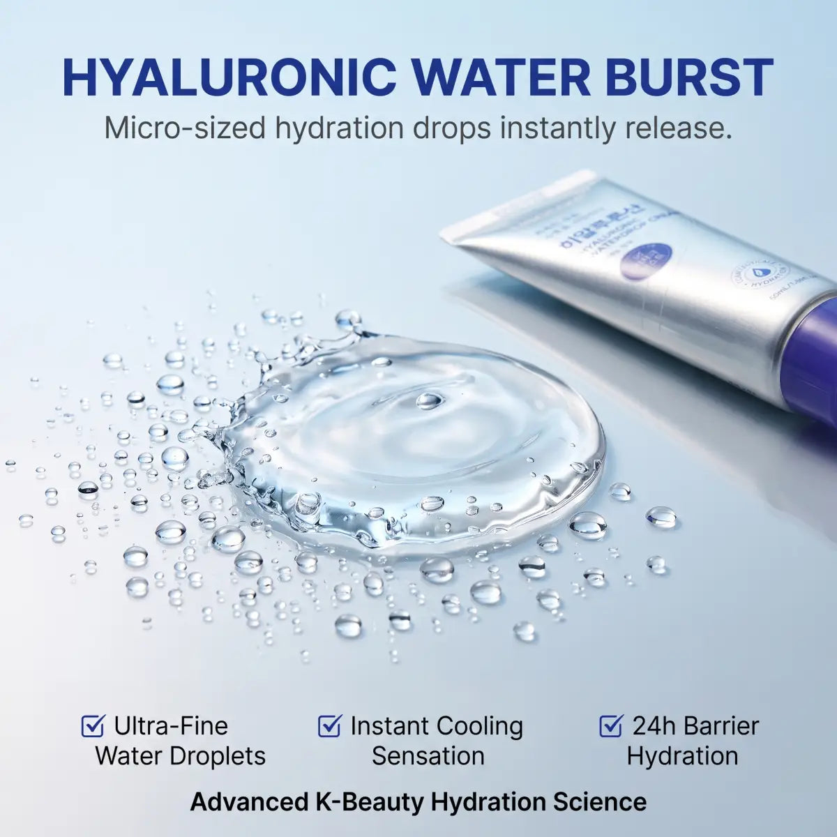 Water-gel cream texture breaking into droplets — Neocare Korean Hyaluronic Cream, made in Korea