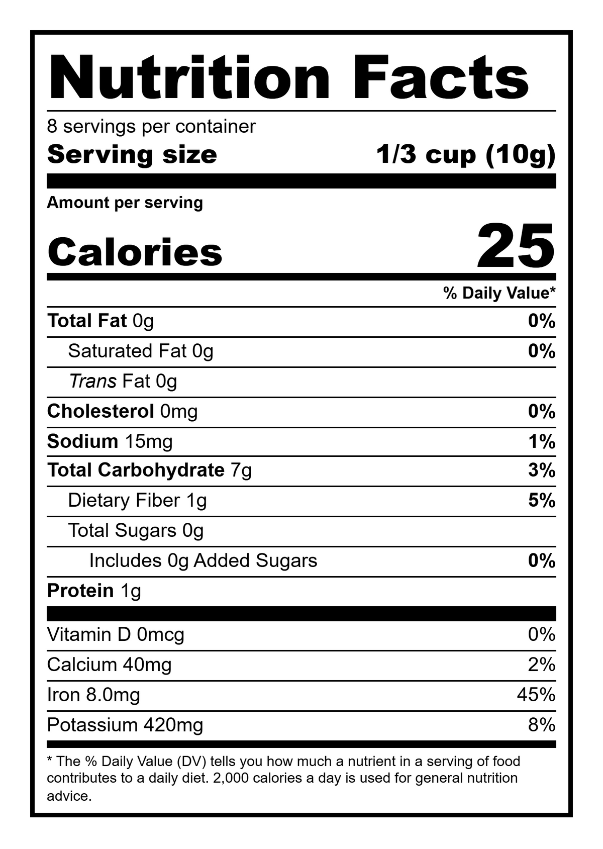 Korean Achyranthes Root — Nutrition Facts panel, 2.8 oz