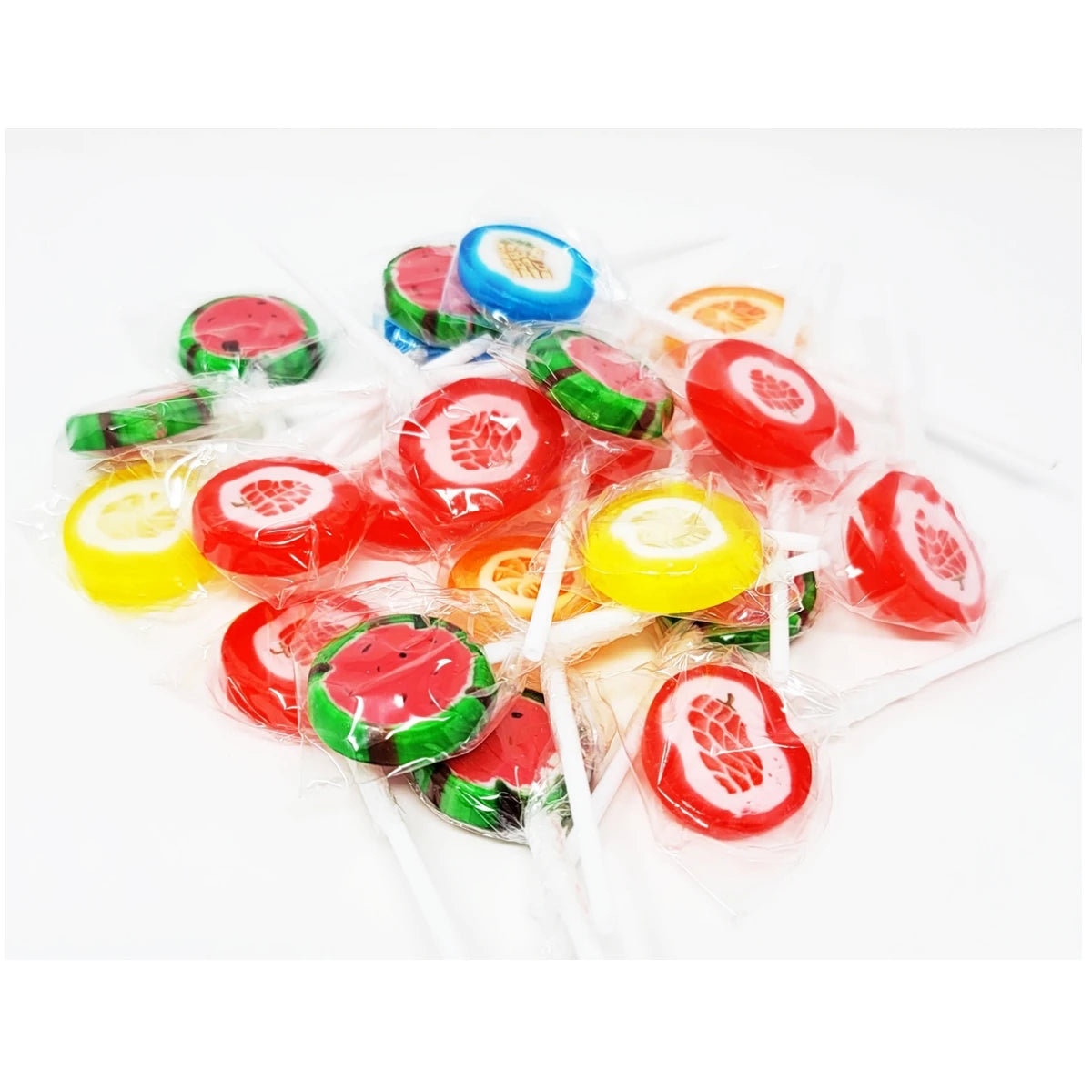 Close-up of assorted handmade fruit lollipops in six vibrant designs: watermelon, lemon, strawberry, and more.