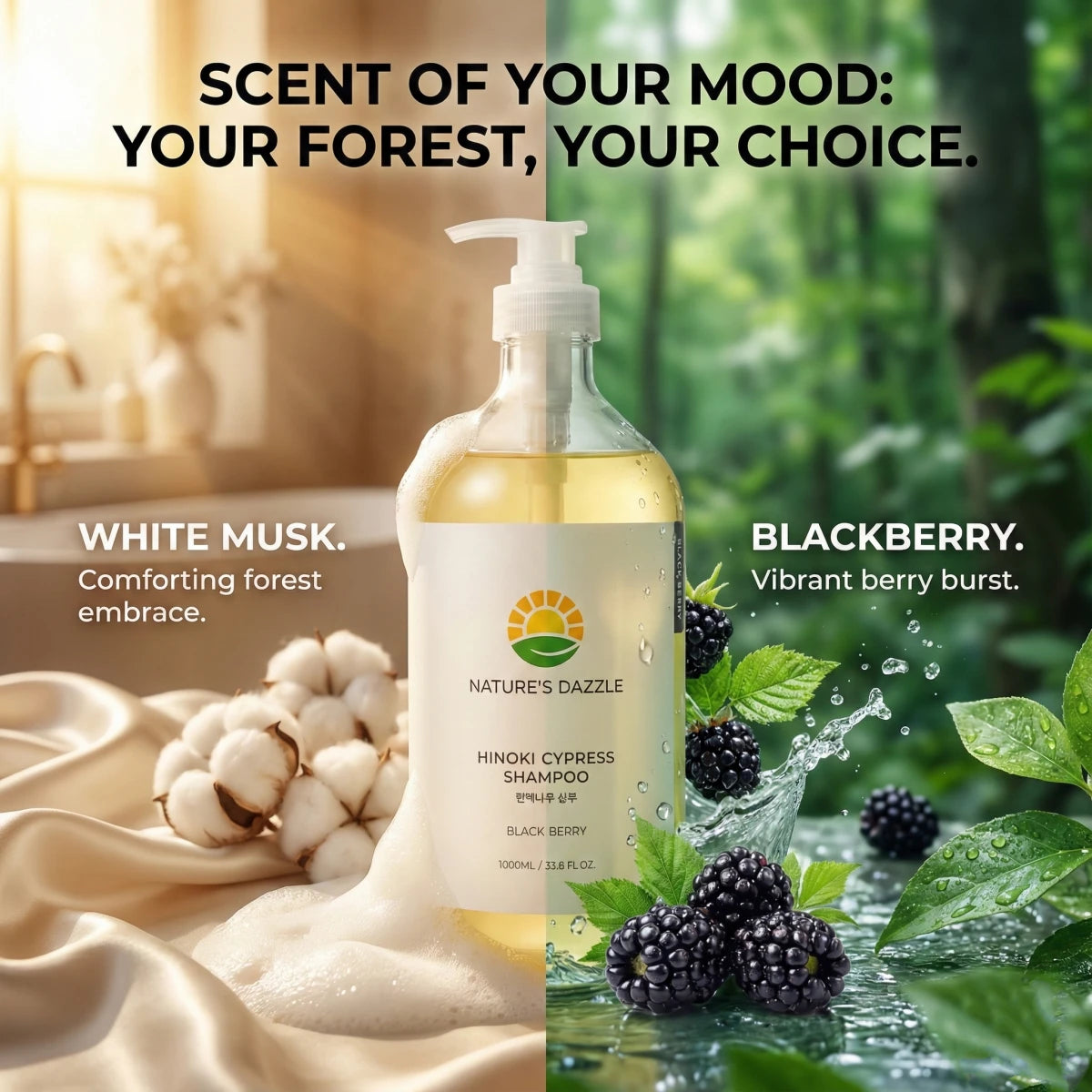 Nature's Dazzle Hinoki Cypress Shampoo with Black Berry and White Musk scent, showcasing the luxurious shampoo bottle.