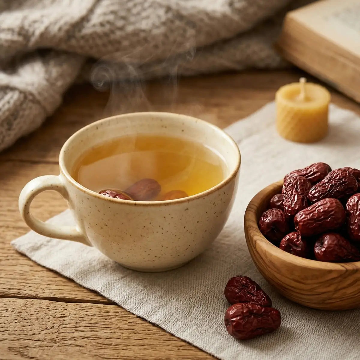 Brewed jujube tea with Kosbee California sun-dried red dates, herbal beverage in a glass with dates and tea leaves.