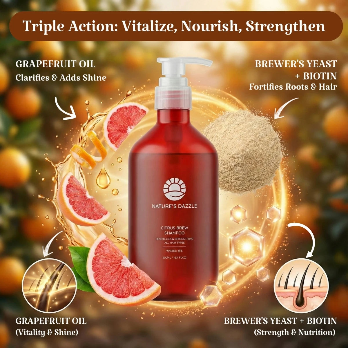 Nature's Dazzle Citrus Brew Shampoo 16.9 oz | Biotin for Thinning