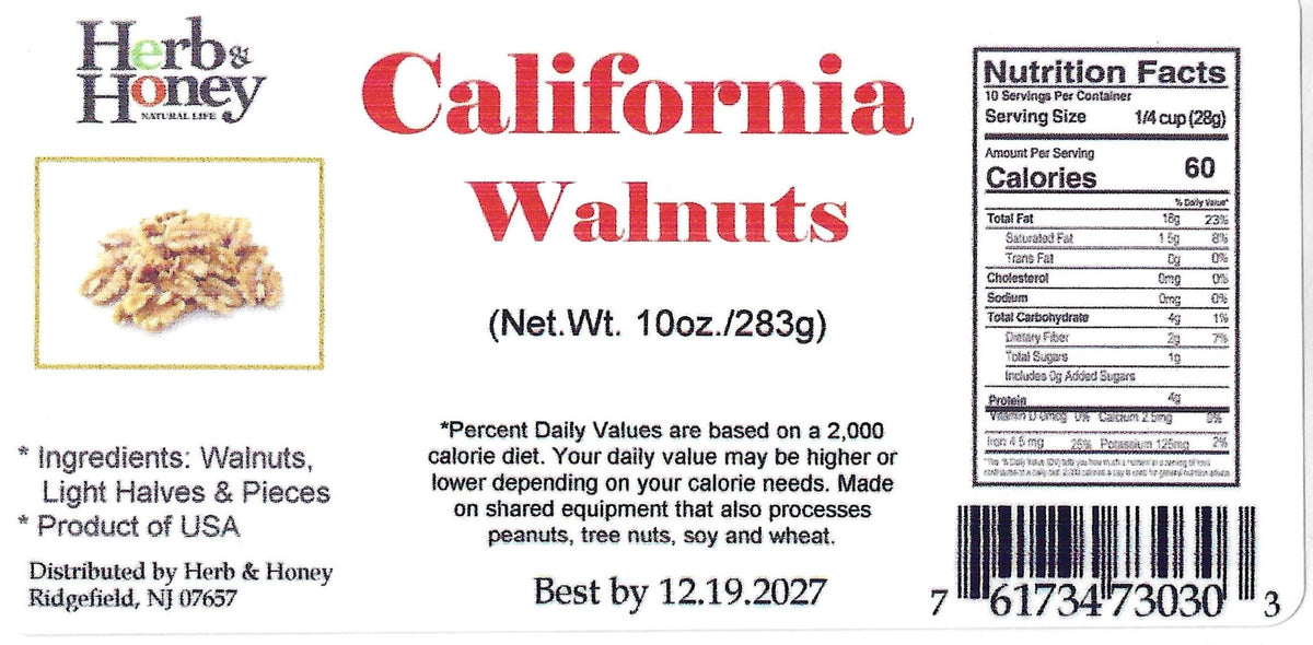 Herb & Honey California walnuts back label — ingredients, Nutrition Facts, Product of USA, 10 oz (283 g)