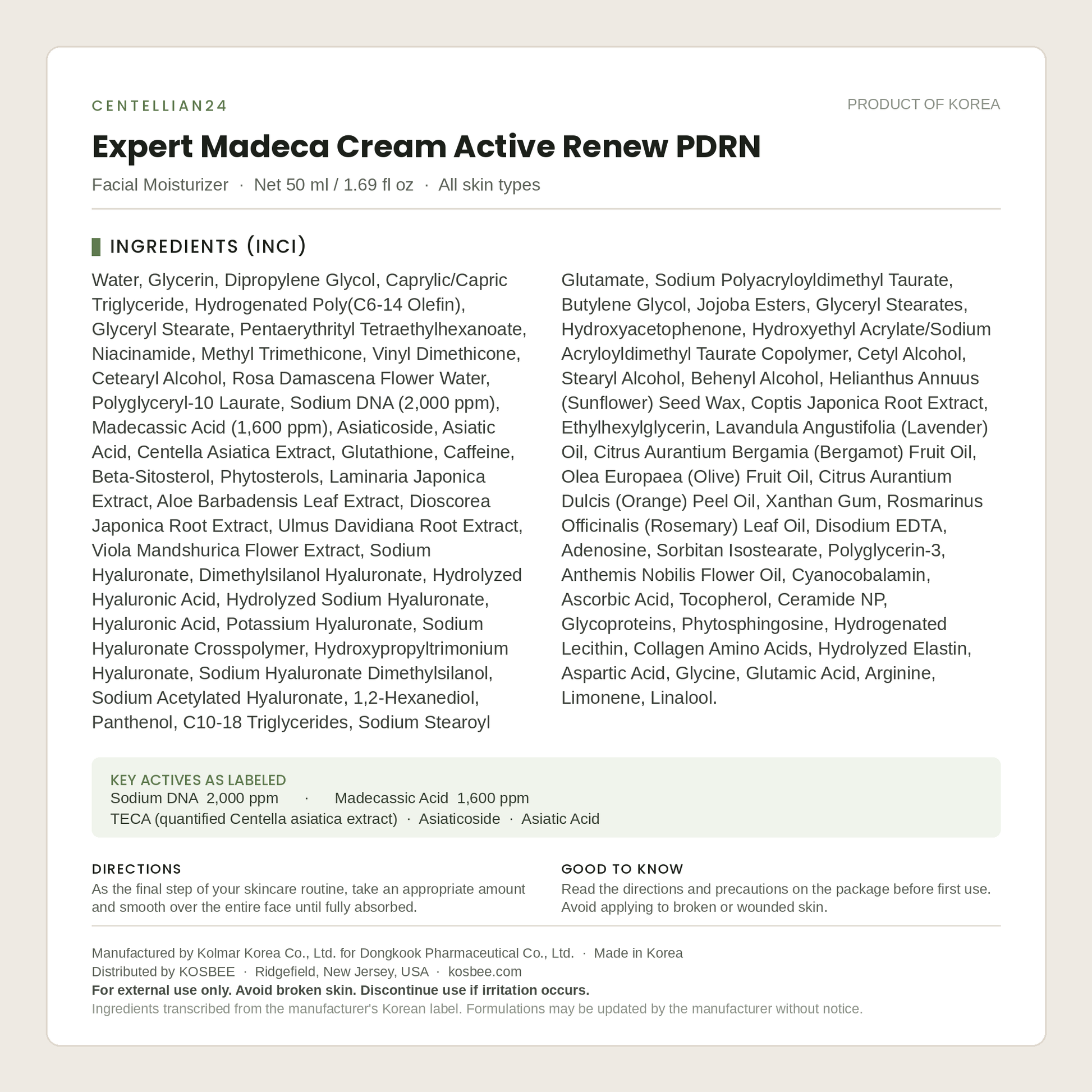 Centellian24 Expert Madeca Cream Active Renew PDRN ingredients (INCI) panel — 50 ml Korean cica cream with Sodium DNA, Product of Korea