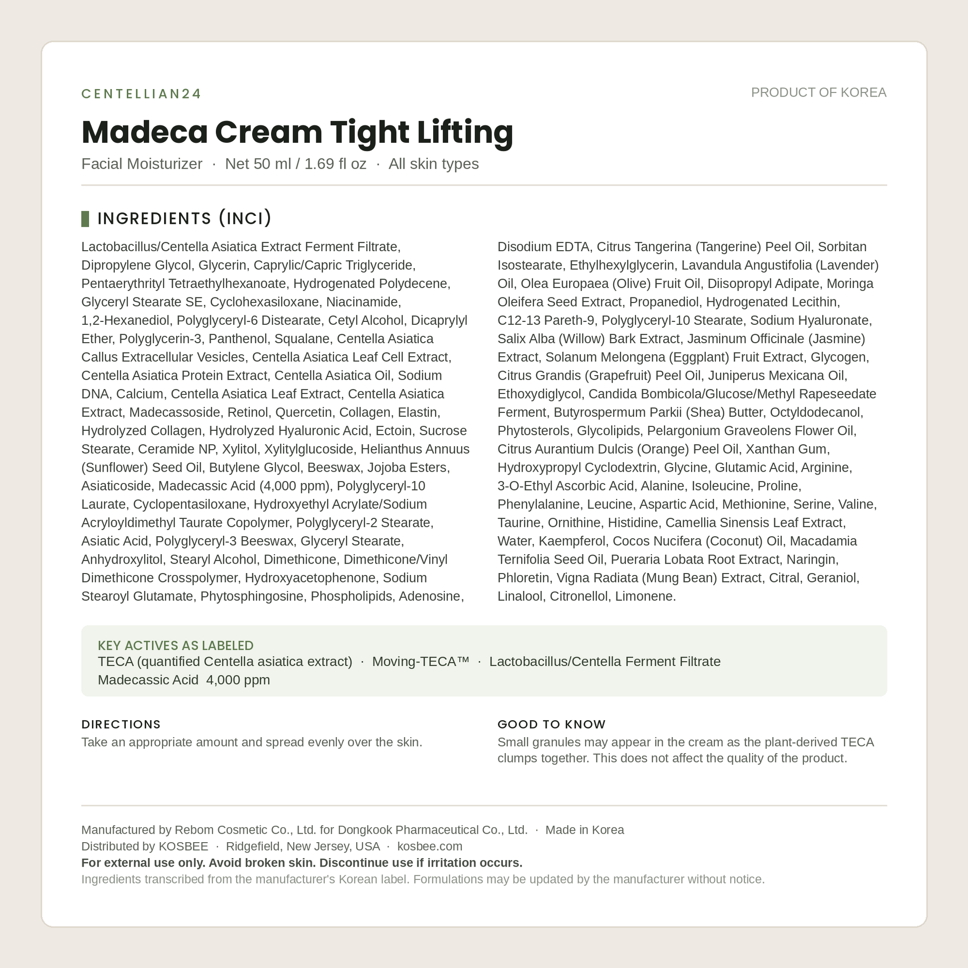 Centellian24 Madeca Cream Tight Lifting ingredients (INCI) panel — 50 ml Korean cica cream, Product of Korea