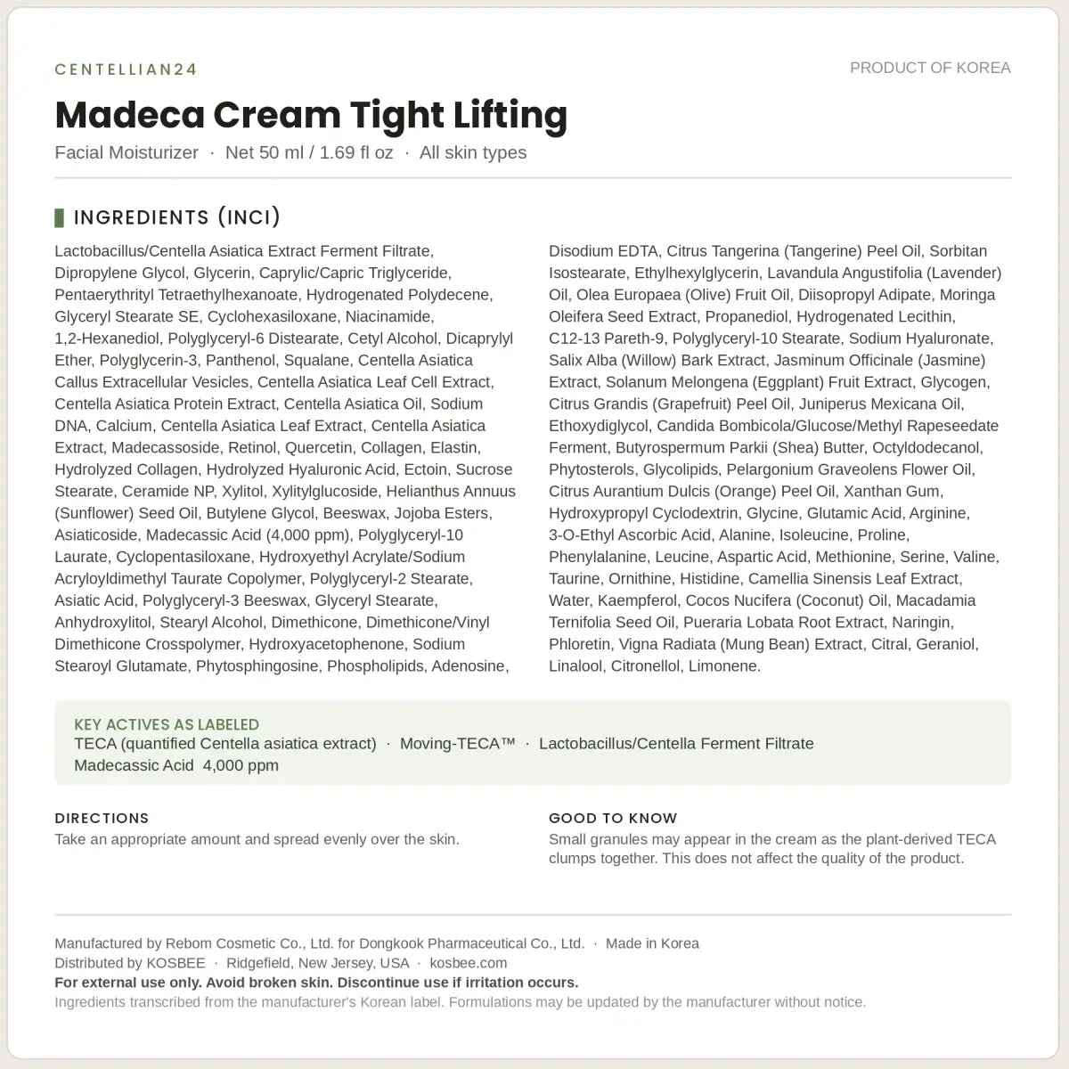 Centellian24 Madeca Cream Tight Lifting ingredients (INCI) panel — 50 ml Korean cica cream, Product of Korea