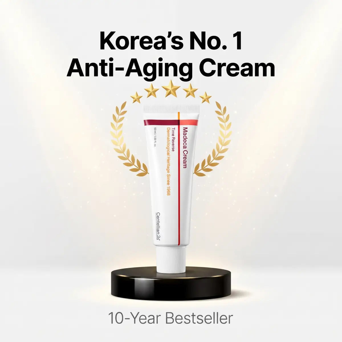 Centellian24 Madeca Cream Time Reverse tube on a display podium in a brand infographic
