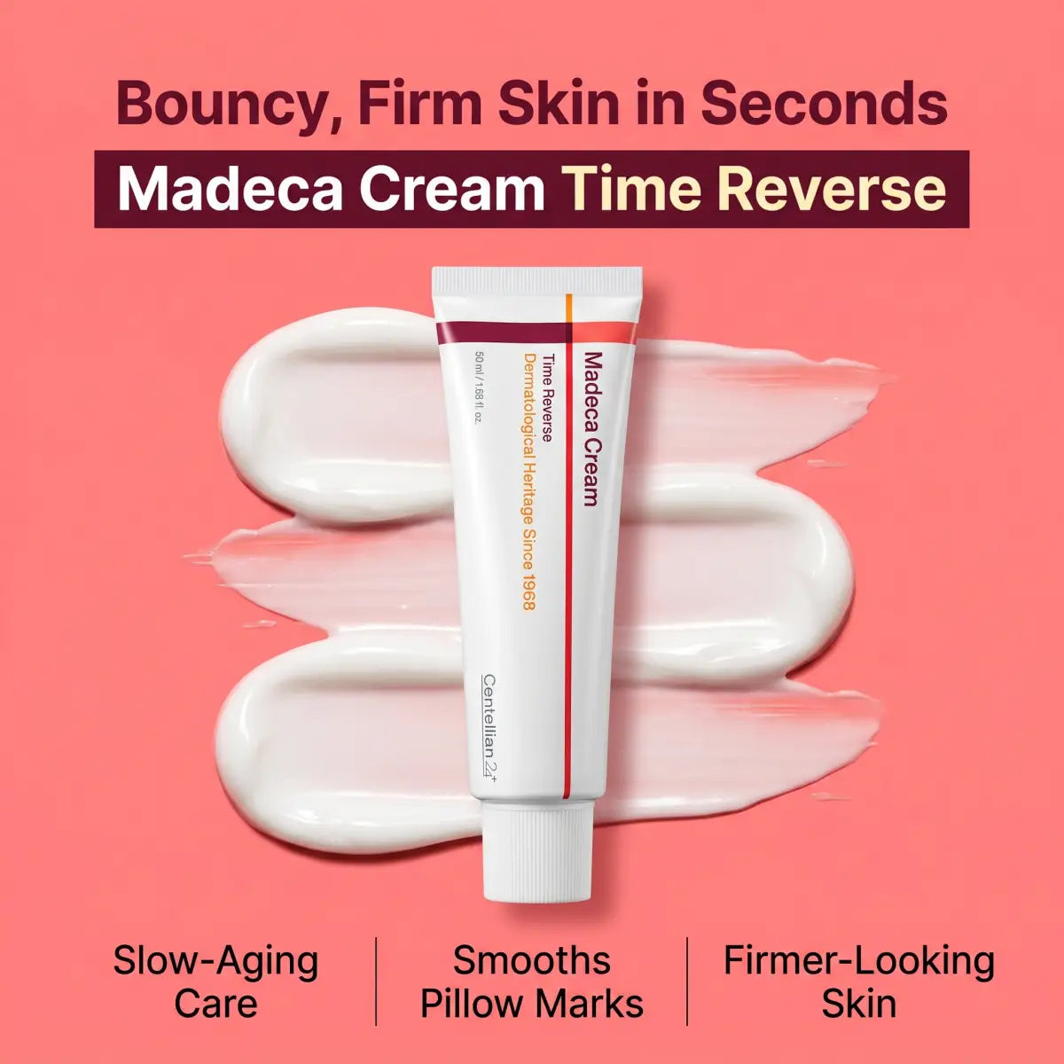 Centellian24 Madeca Cream Time Reverse tube with whipped cream swatches on a pink background