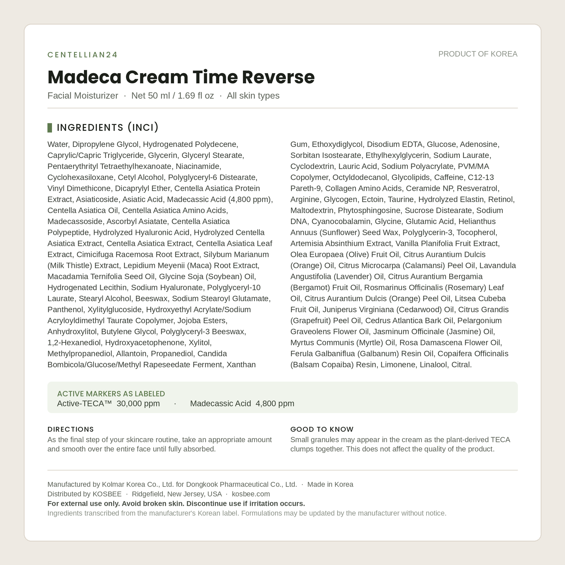 Centellian24 Madeca Cream Time Reverse ingredients (INCI) panel — 50 ml Korean cica cream, Product of Korea