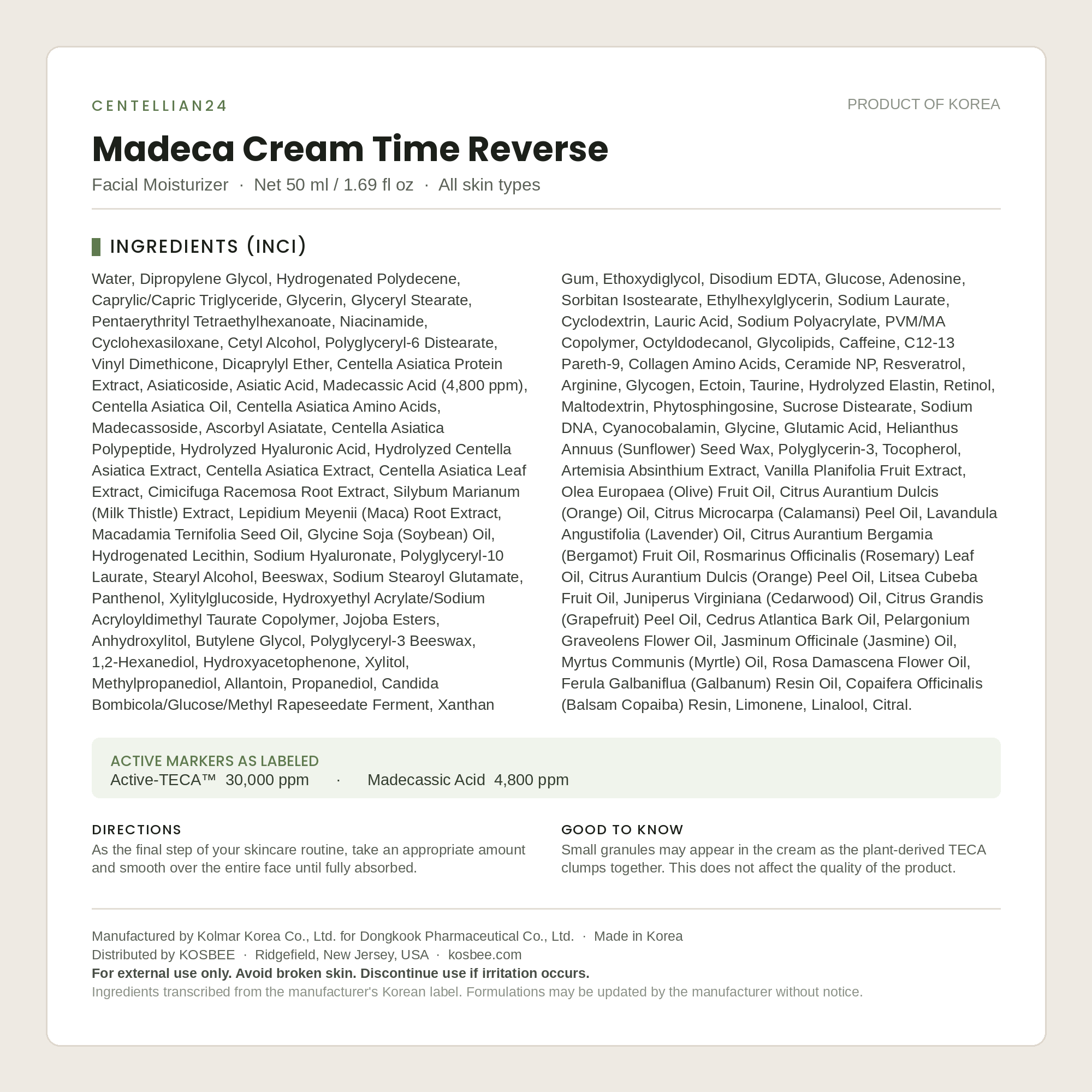 Centellian24 Madeca Cream Time Reverse ingredients (INCI) panel — 50 ml Korean cica cream, Product of Korea