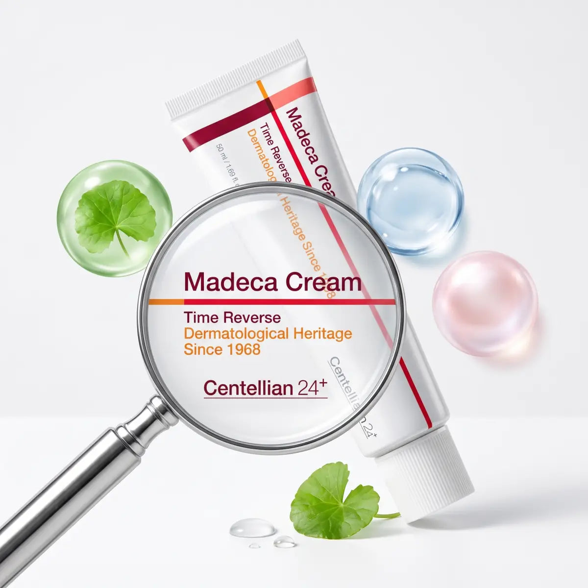 Centellian24 Madeca Cream Time Reverse tube label viewed through a magnifier, with centella asiatica leaves