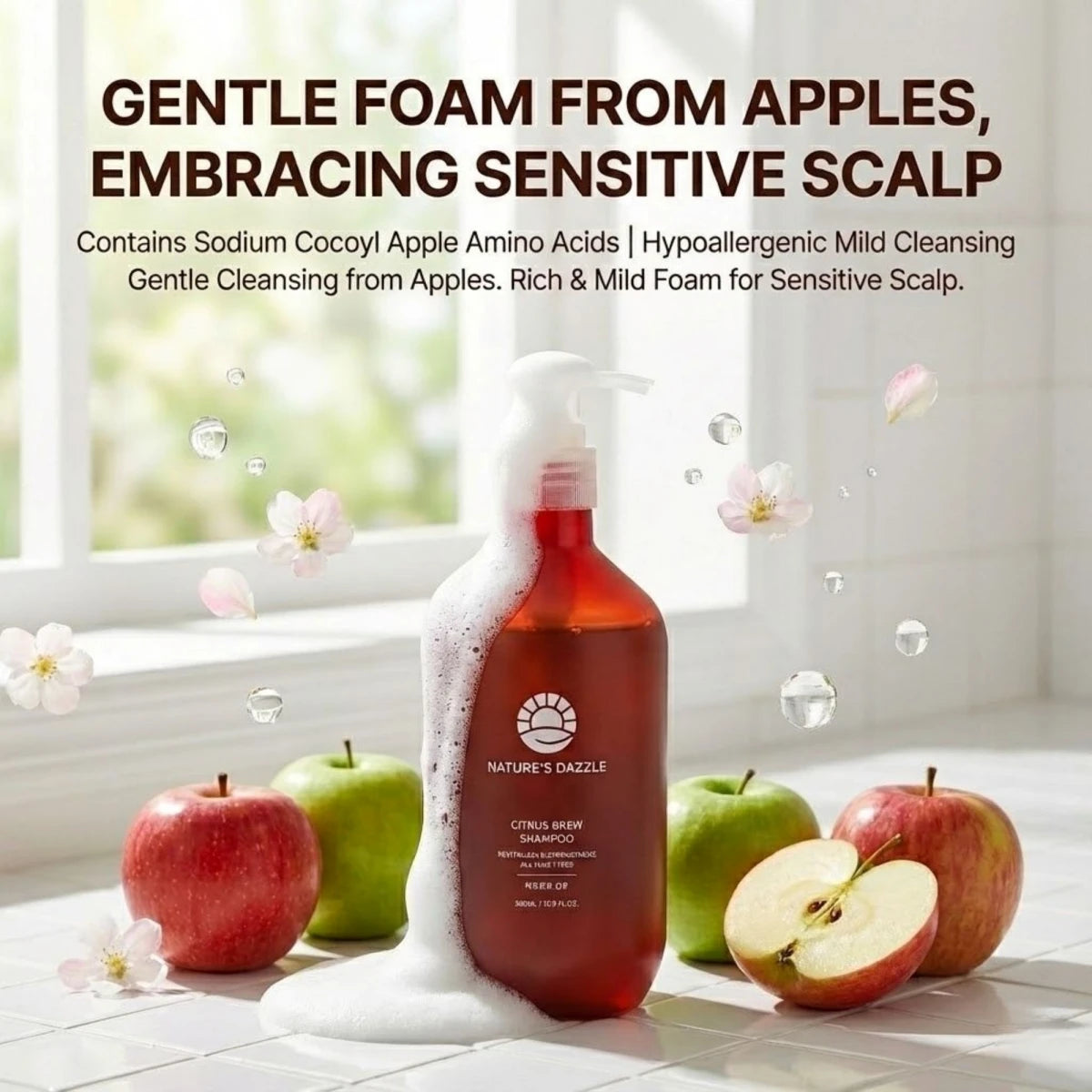 Nature's Dazzle Citrus Brew Shampoo with clarifying citrus ingredients and scalp therapy for healthy, refreshed hair.