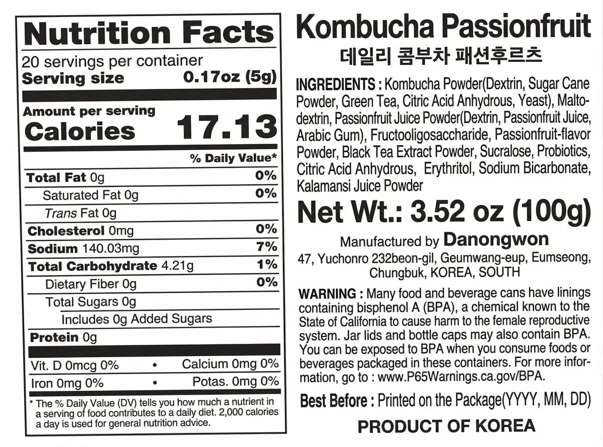 Danongwon Daily Kombucha Passion Fruit set with 20 tea sticks, showing nutrition facts label on packaging.