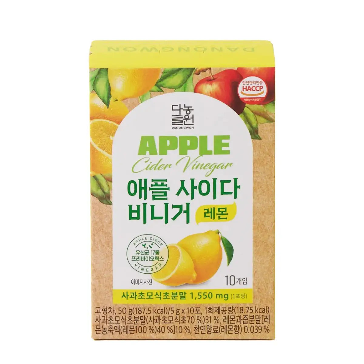 Danongwon Apple Cider Vinegar Lemon Tea Mix package with 10 sticks, showcasing the product packaging and branding.